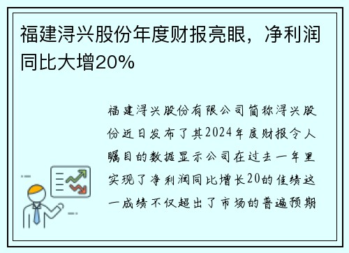 福建浔兴股份年度财报亮眼，净利润同比大增20%